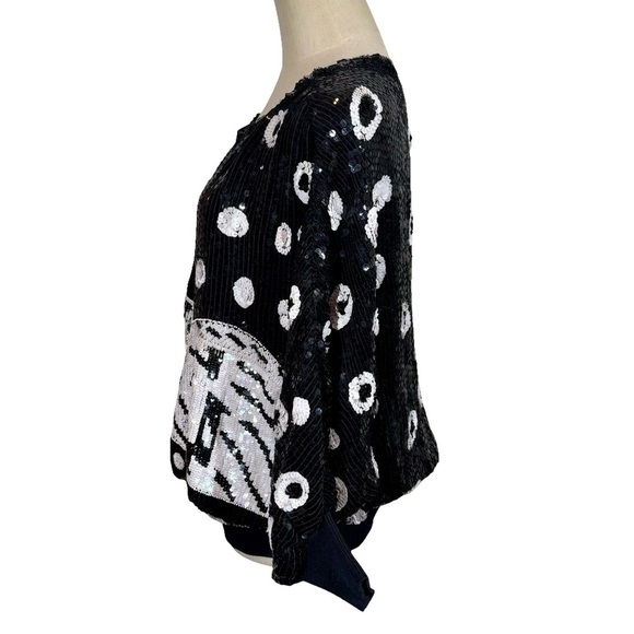 True Vintage 80s Sequin Beaded Tiger Top Dress Black Silk Batwing Sleeve - Picture 6 of 9